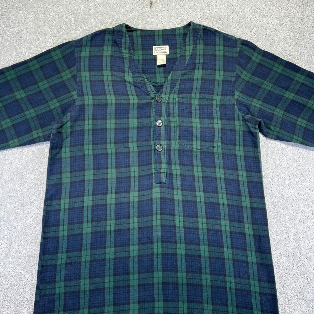 VINTAGE LL Bean Night Shirt Size L Green Blue Plaid Longsleeve Henley Pajama - Picture 3 of 16